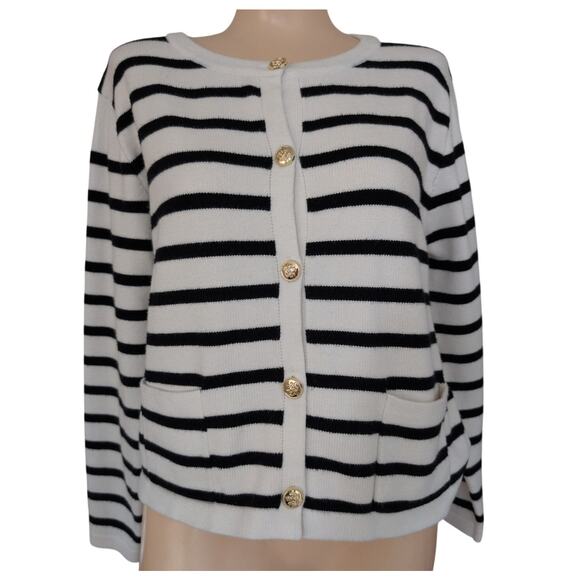 Striped Cardigan Sweater‎ Women Medium Nautical Preppy Classic Timeless Parisian - Picture 1 of 8